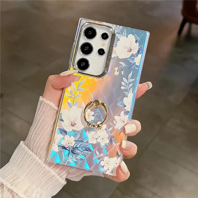 Diamond Ring Phone Holder Raser Case for Samsung A25 A54 A55 A15 A35 A14 A34 S24 Plus S22 Ultra S23 FE Flower Leaf Bling Cover