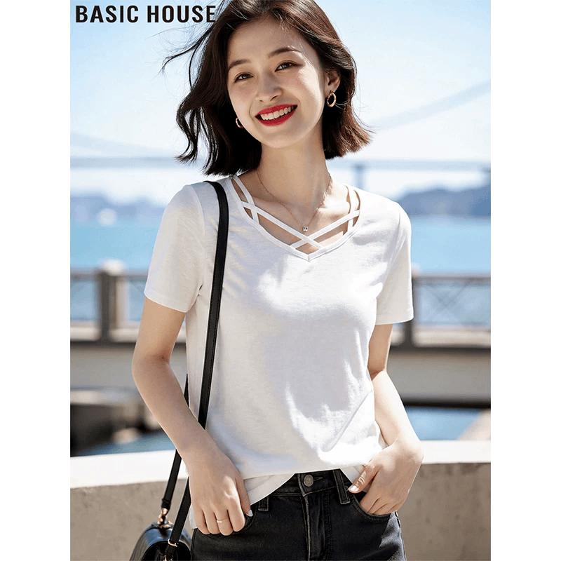 Basic House Women s Hollow Knit Short Sleeve T-Shirt ONE SIZE