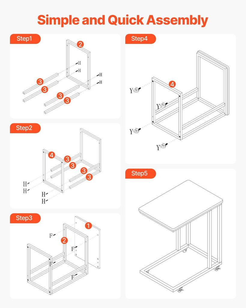 C Table, C Shaped Sofa Side Table with Metal Frame Rolling Casters, Portable C Shaped End Stand for Living Room Bedroom Office, 19.69 x 13.78 x 23.82
