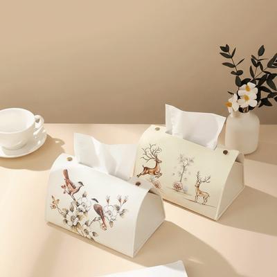 Elegante Portarrollos de Papel Estilo Chino Caja de Pañuelos de Cuero PU Estampado Dispensador de Pañuelos a Prueba de Polvo e Impermeable para Oficina en Casa