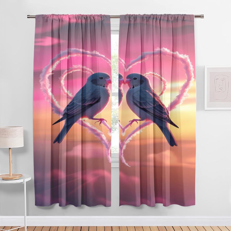 

Pink Sunset Blue Sparrow Love Curtains Romantic Valentine Day Style Bedroom Living Room Pull Up Pocket Set Of 2 Made Polyester Great Decor W100*H70(CM)-Rod Pocket&2PCS