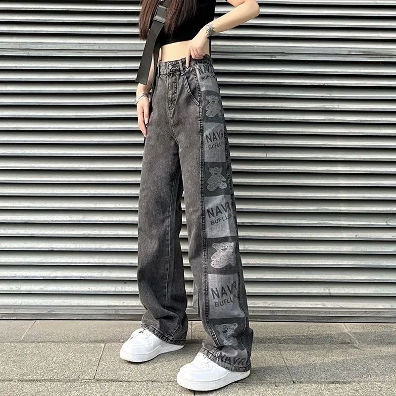 TUVBNRD18 Beer bedrukte cargo jeans Y2K hoge taille streetwear 90S baggy jeans dames broek rechte jeans 2XL zwart