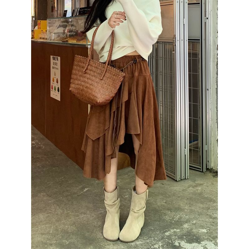 

Юбка Kumikumi Retro Необычного Дизайна из Вельвета из Оленьей Кожи Женская Осенняя Нишевая Шикарная Свободная Приталенная Длинное платье Caramel One size