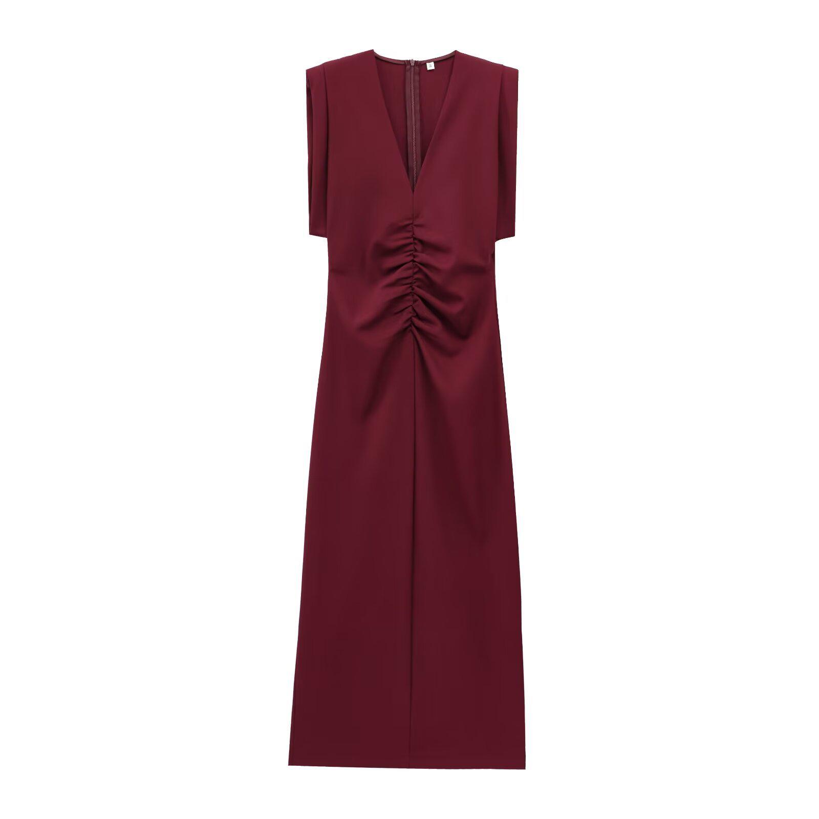 

Весна 2025 Высокая мода: Красное плиссированное миди-платье с V-образным вырезом, элегантность с короткими рукавами Small бордовый