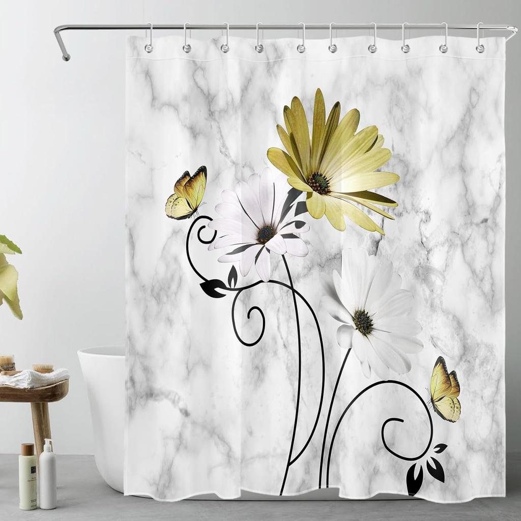Pink Flowers Vintage Daisy Floral Butterfly Shower Curtains Abstract Farmhouse Decorative Bath Curtain Washable Bathroom Decor