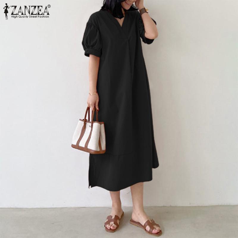 ZANZEA Women Summer V-Neck Short Sleeve Long Dress