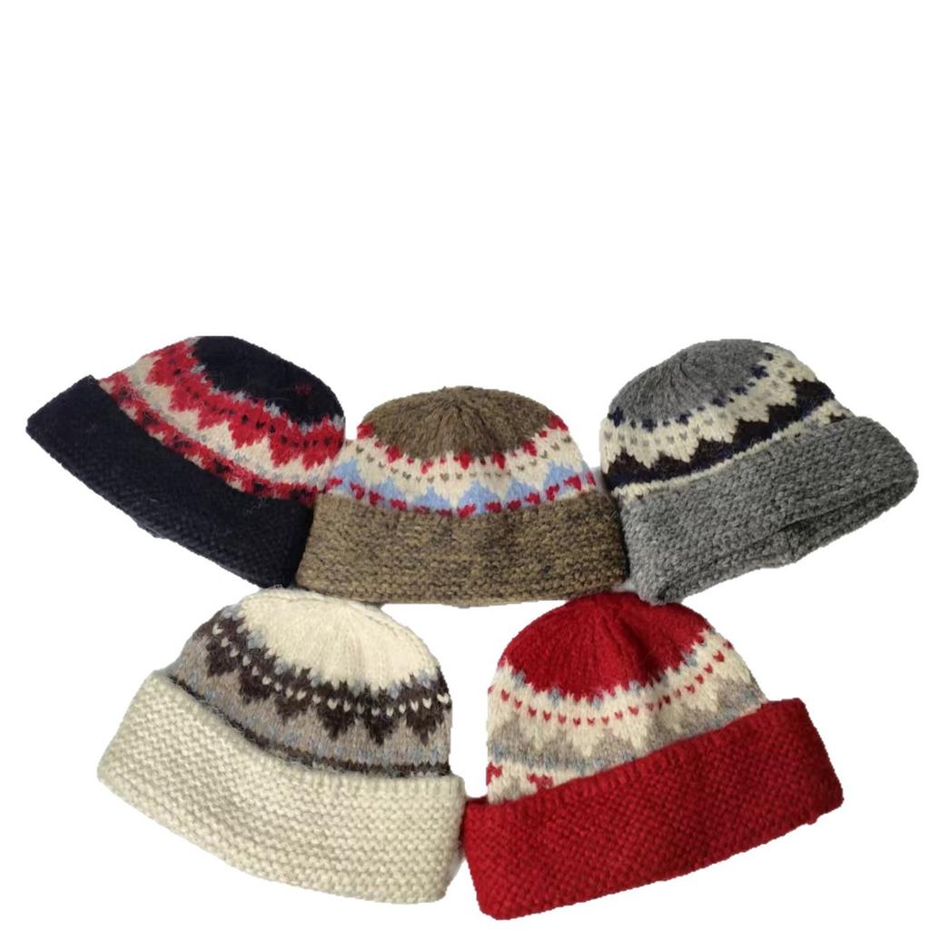Handmade Ethnic Style Jacquard Knitted Pot Hat Women's Autumn and Winter Versatile Warm Face Small Curling Thickened Wool Bucket Hat