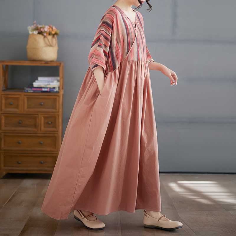 Algodón y Lino Verano Patchwork Estilo Retro Vestido Falda Larga