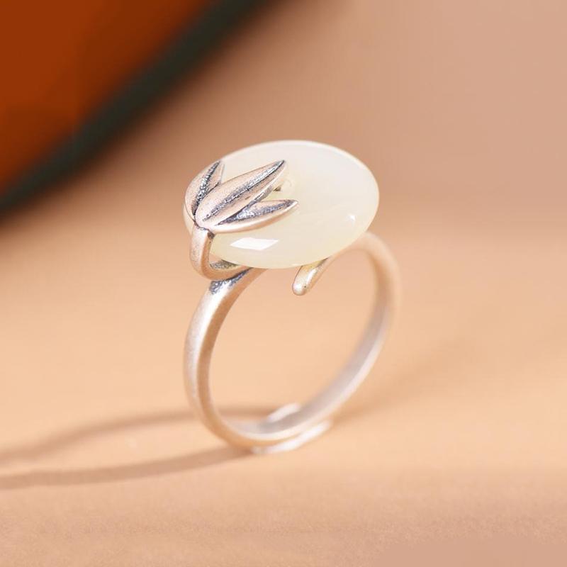 Creative Design Inlaid Natural Hetian White Jade Bamboo Leaf Ring Opening Adjustable Fresh Atmosphere Elegant Ladies Jewelry