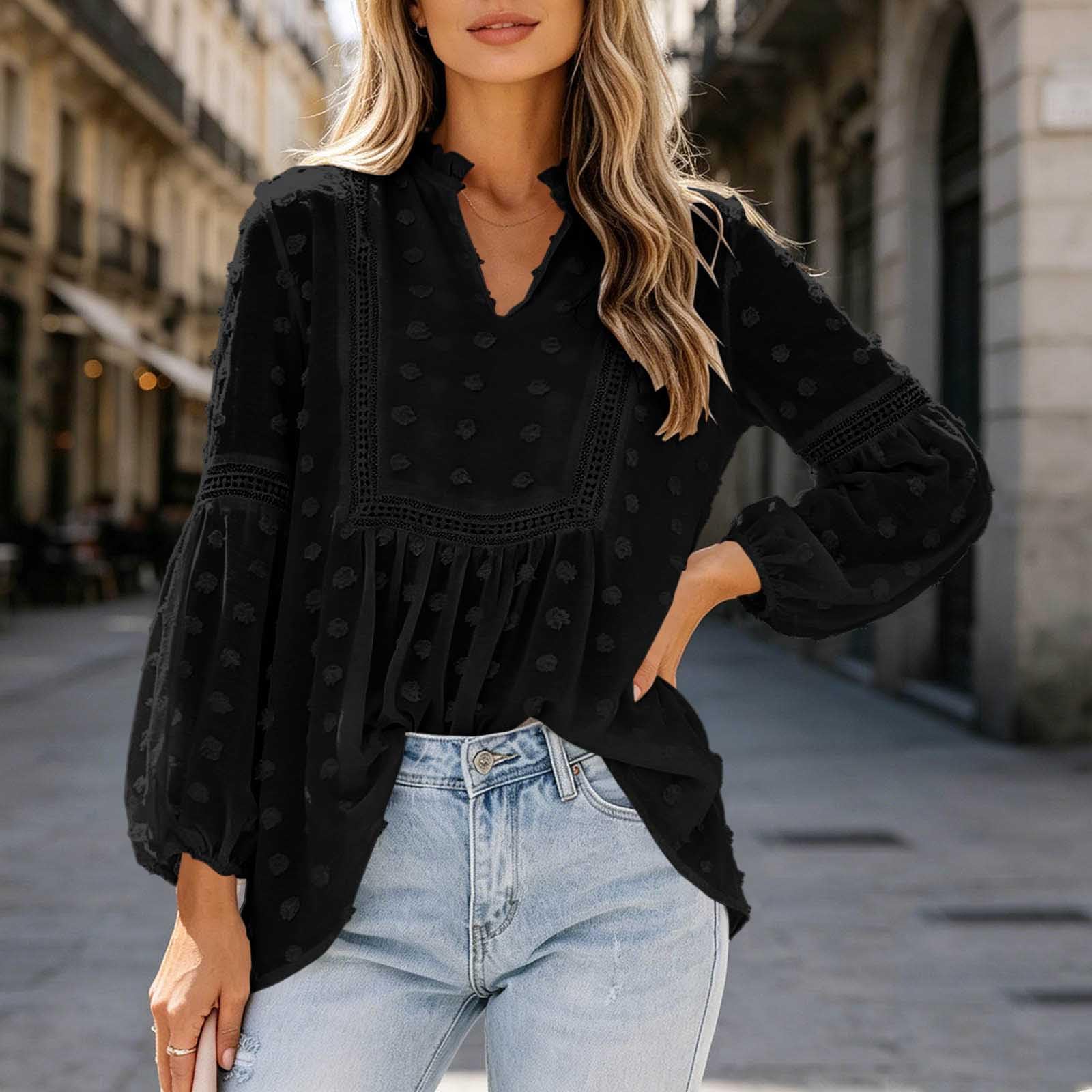 Women s Casual Loose Fit Long Sleeve Blouse with Lace Trim L