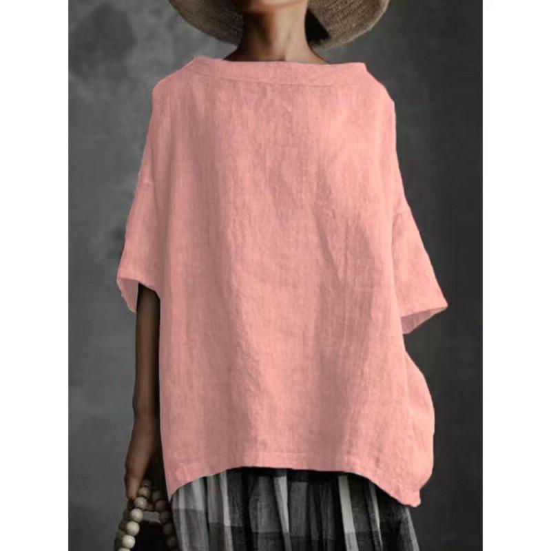 T-shirt Artigianale in Misto Cotone e Lino con Design a Patchwork per Donna Casual
