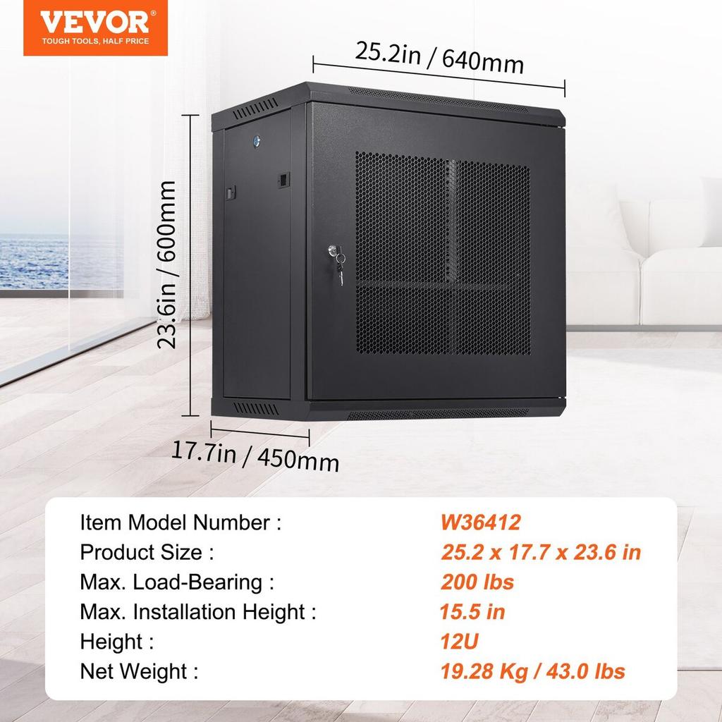 12U Wall Mount Network Server Cabinet, 15.5'' Deep, Server Rack Cabinet Enclosure, 200 lbs Max. Ground-mounted Load Capacity, with Locking Door Side