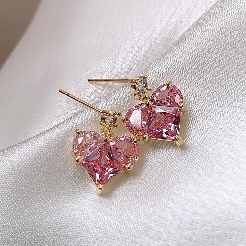 Sterling Silver Pink Heart Dangle Earrings - Korean Style, Shiny, Simple, Light Luxury Design for Women