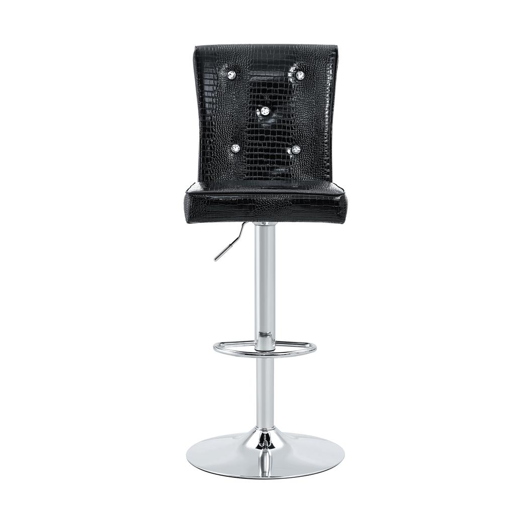A Set of 2 Black Vintage Crocodile Leather Lift Bar Stools, with Crystal Buckle and Synthetic Leather Design, Add Elegance and Mystery to Dining Area