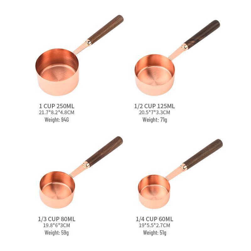 8-Piece Walnut Wood and Stainless Steel Measuring Cup and Spoon Set - Includes 15ml, 30ml Coffee and Baking Spoons