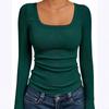Women‘s Ribbed Square Neck Top, Long Sleeve Slim Fit Basic Shirt for Fall Winter Spring, Casual Crop Tee