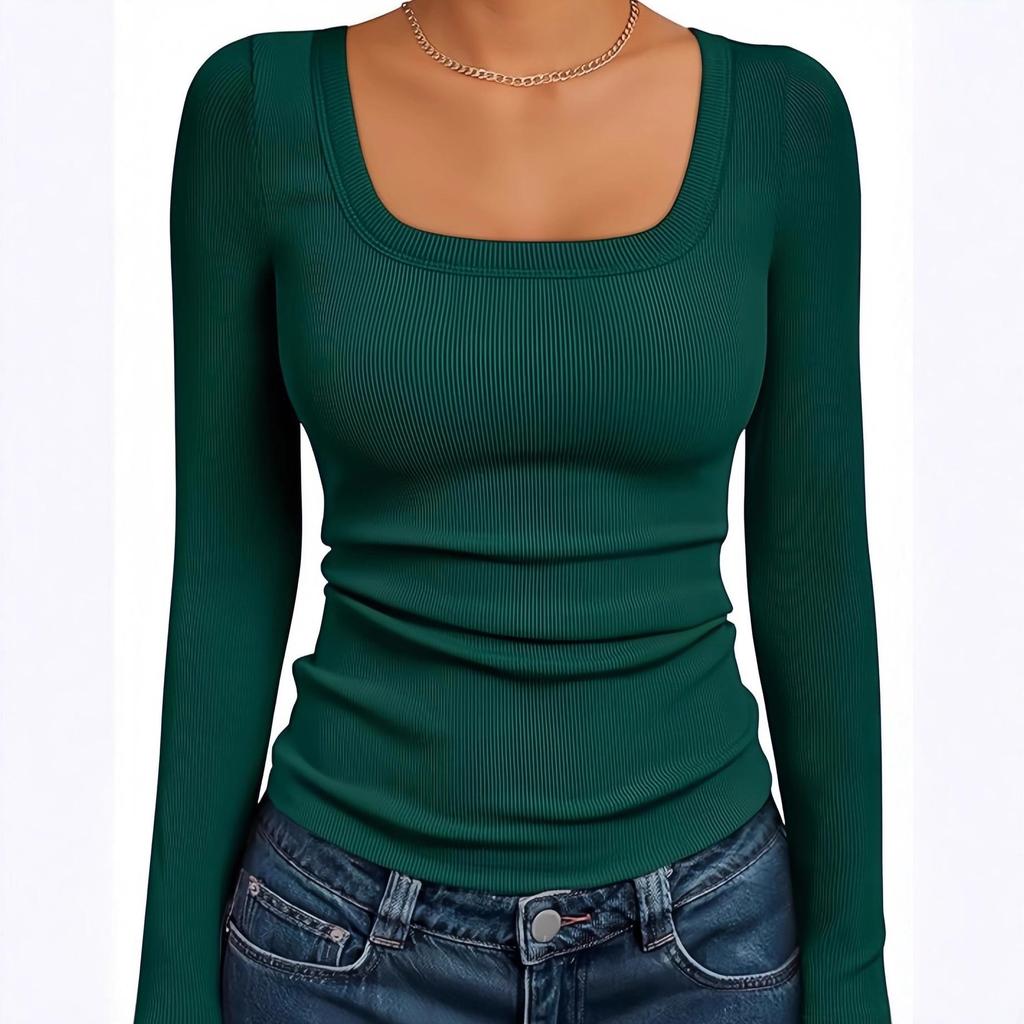 Women‘s Ribbed Square Neck Top, Long Sleeve Slim Fit Basic Shirt for Fall Winter Spring, Casual Crop Tee