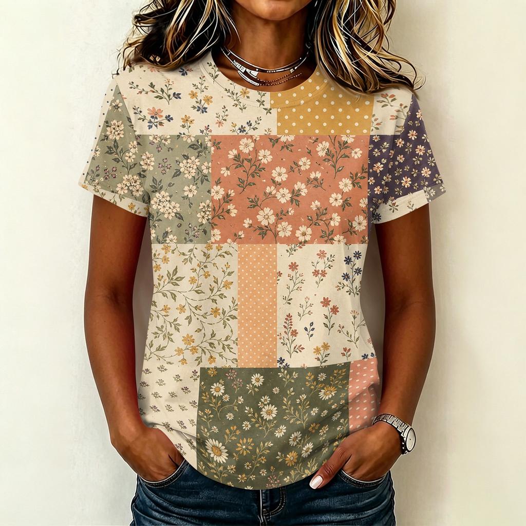 Damen Freizeit Pullover Kurzarm T-Shirt Blumenprint Rundhalsausschnitt Oberteil Weiches Leichtes Sommer-T-Shirt für den Alltag