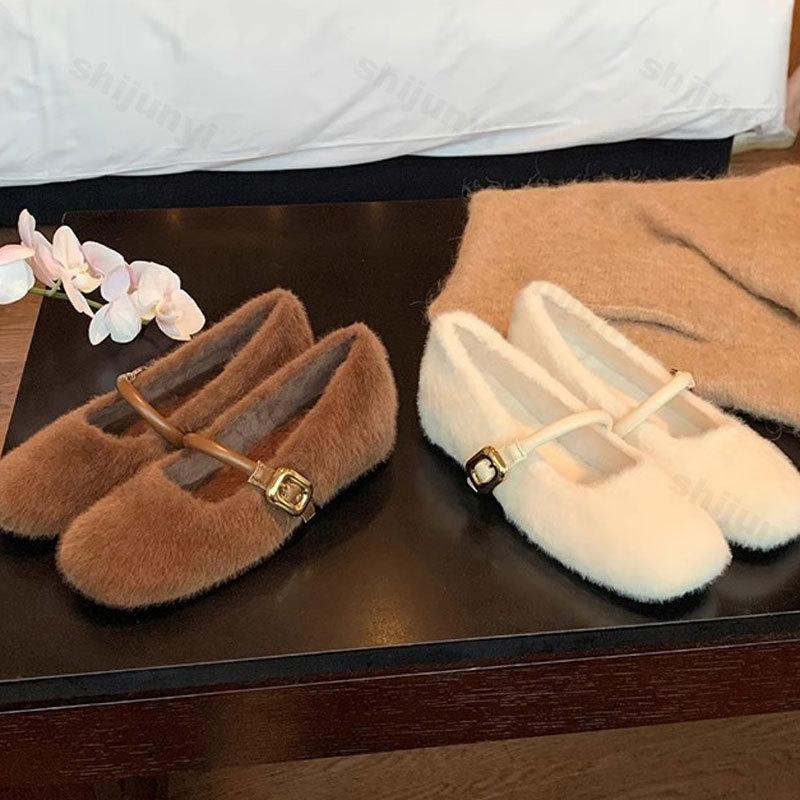 Fashion Women's Ballet Plush Shoes Autumn New Vintage Buckle Strap Mary Jane Shoes Lightweight Comfortable Non Slip Fashion Single Shoes
