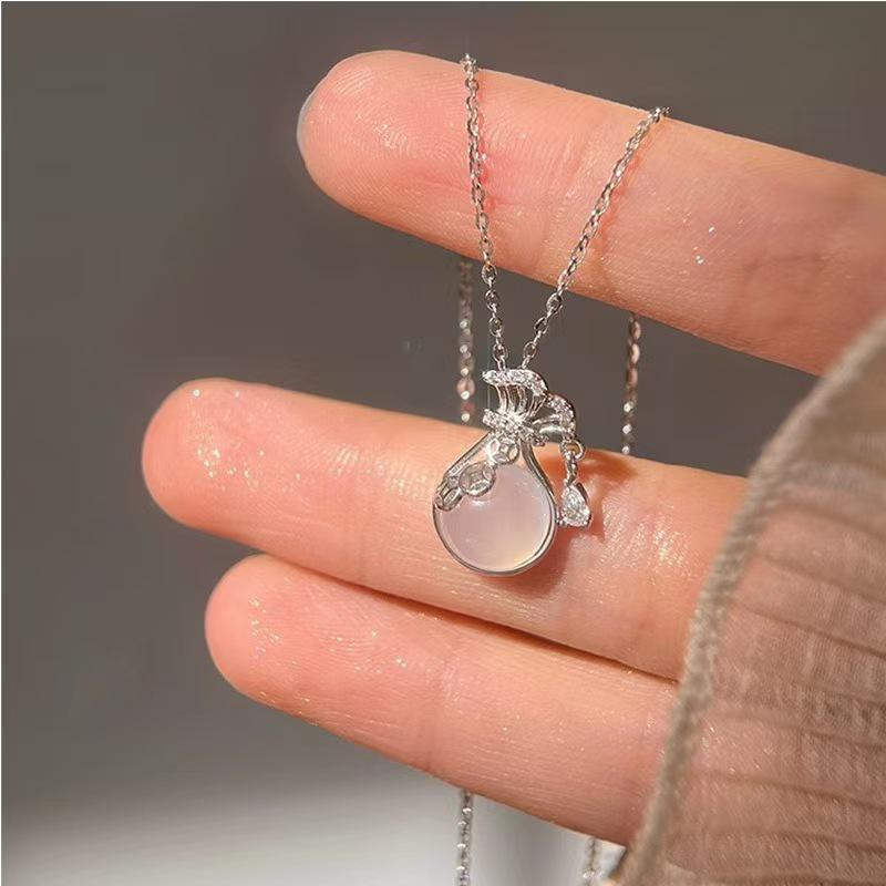 S925 Sterling Silver Ruyi White Chalcedony Lucky Bag Necklace - Niche Design Gift for Women, Friends, or Girlfriend