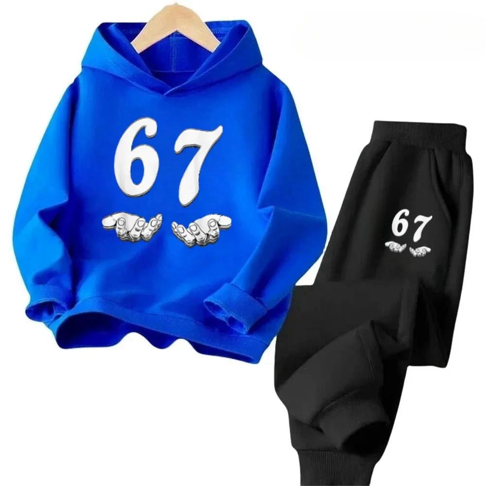67 Fun Kids Set Cartoon Print Tracksuit Casual Fashion Outfit Children's Hoodies Set Fashion Trend Set Pants Suits