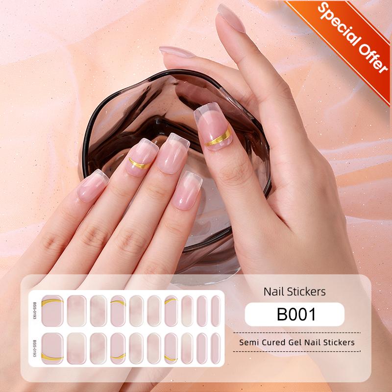 20Tips Gradient French Semi-cured Gel Nail Sticker UV Lamp Needed Full Cover Nail Gel Polish Wraps Manicure Press On Nails Decal