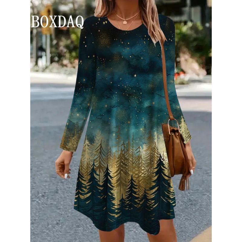 Winter Women's Christmas Party Dress Fashion 3D Trend Funny Santa Claus Printed Dress Long Sleeve O-Neck