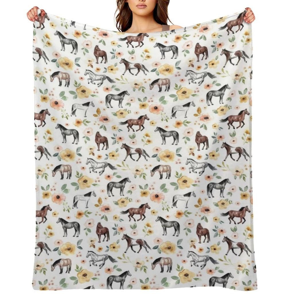 Horses with Yellow and Pink Flowers, Horse Decor, Watercolor Floral Throw Blanket Nap Bed Fashionable Furry Hairys Blankets