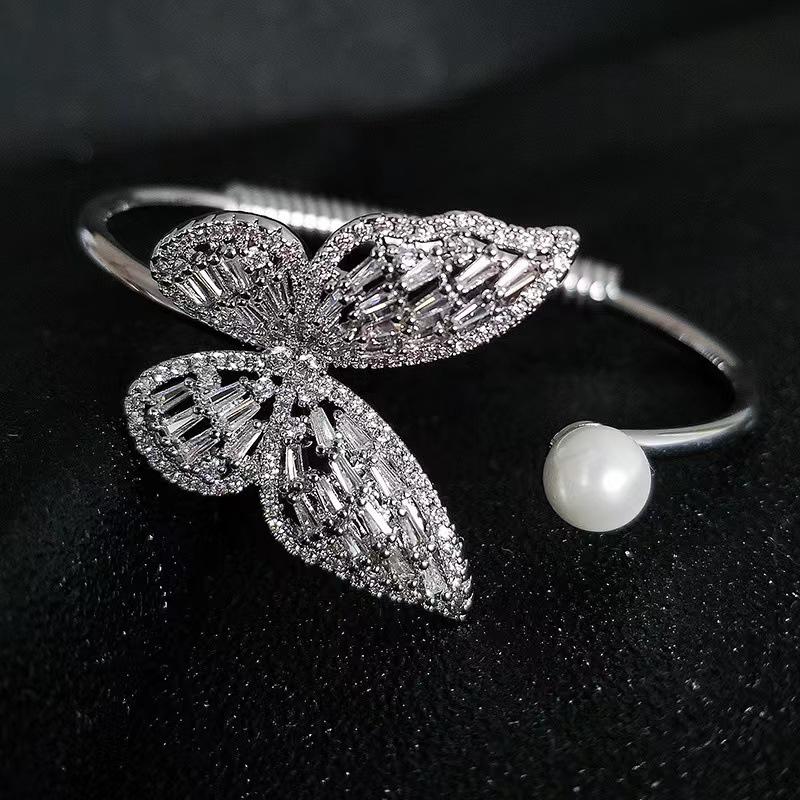 Linda's Butterfly Cut-Out Zircon & Pearl Adjustable Bangle for Women