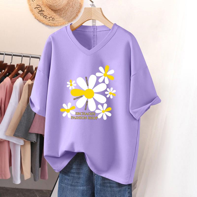 Short-sleeved T-shirt for Women, Large Size, Loose and Slimming, Printed V-neck Top