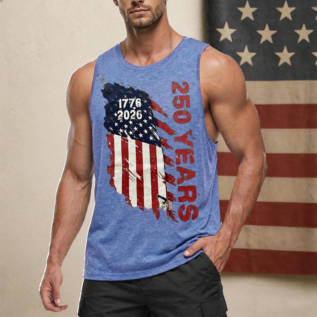 Men's Sleeveless Casual Tank Top Crew Neck Graphic Print 250 Years Independence Commemorative Design Lightweight Summer Shirt