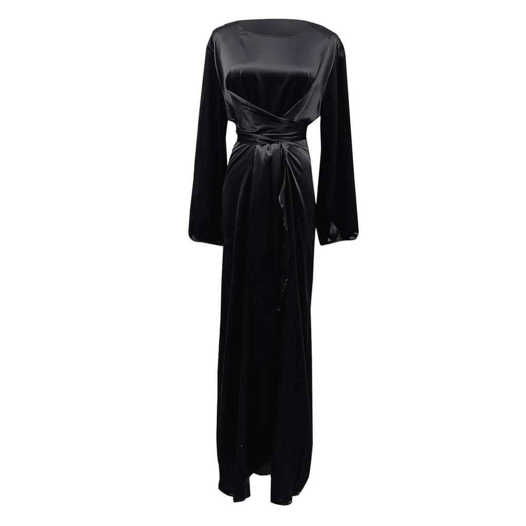 Women's Fashion Solid Color  Long Sleeve Satin Soft Waist And  Dress