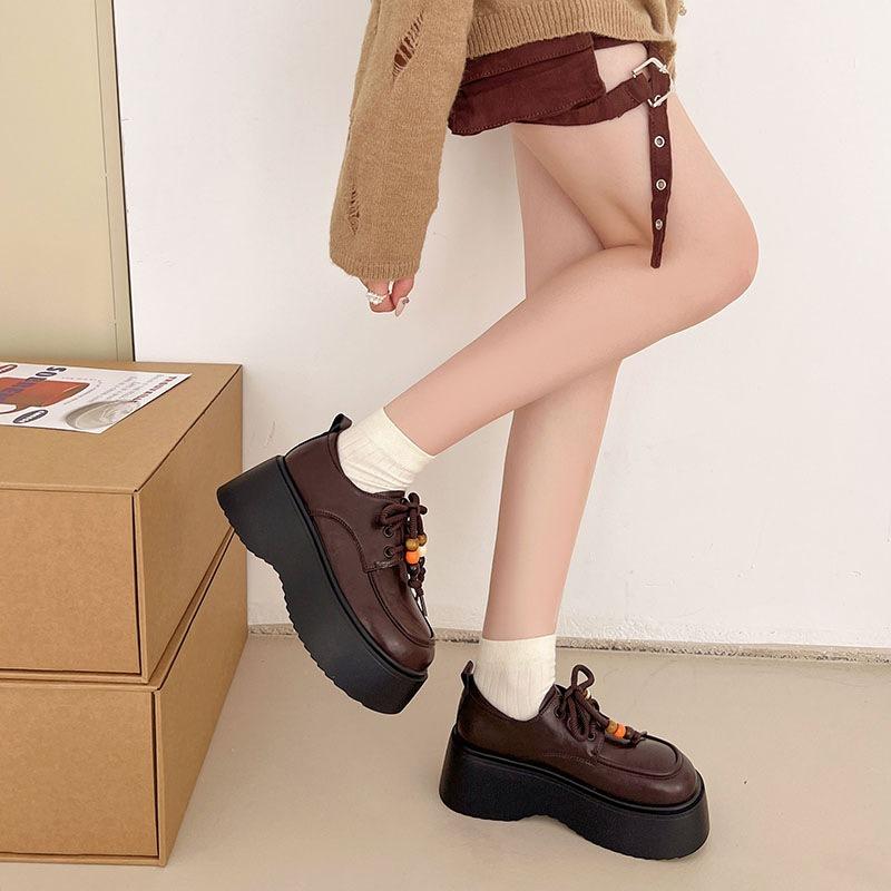 Black height-increasing small leather shoes women's new autumn versatile retro platform lace-up single shoes