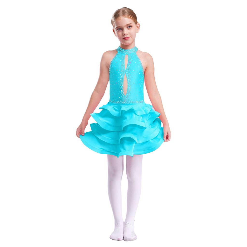 Girls Sparkly Rhinestone Latin Dance Dress Sleeveless Backless Design with Flowy Tiered Skirt for Competition