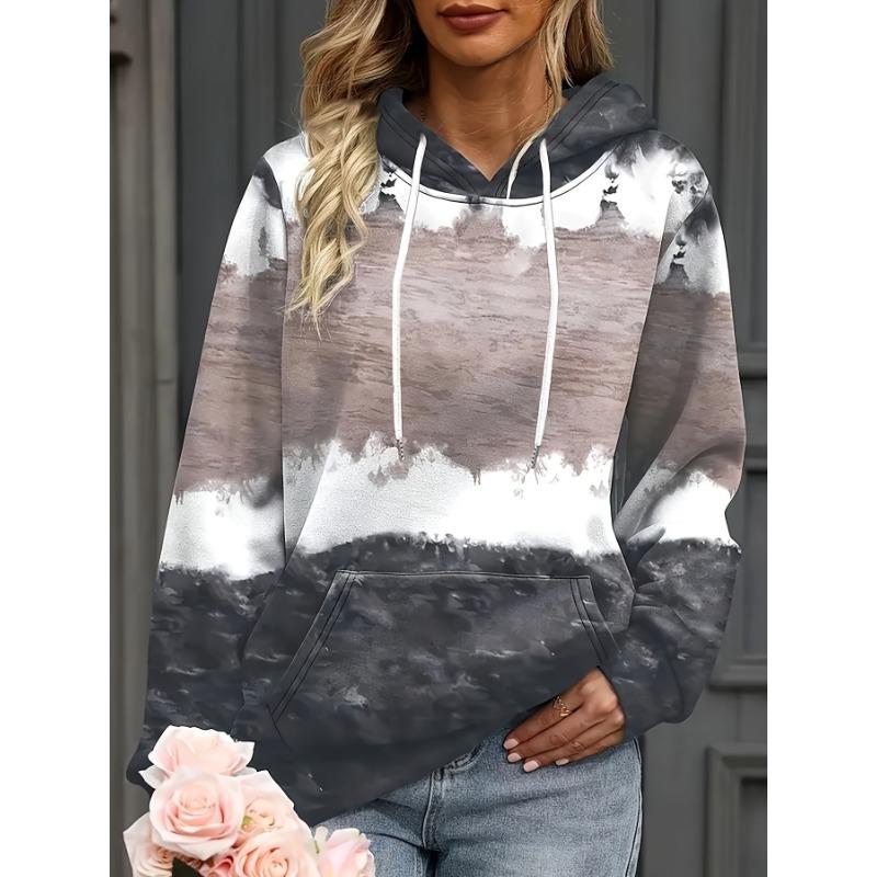 Women's Hooded Jacket Sweatshirt, Kangaroo Pocket and Drawstring Hood, Fashionable Gradient and Contrast Color Print Pattern