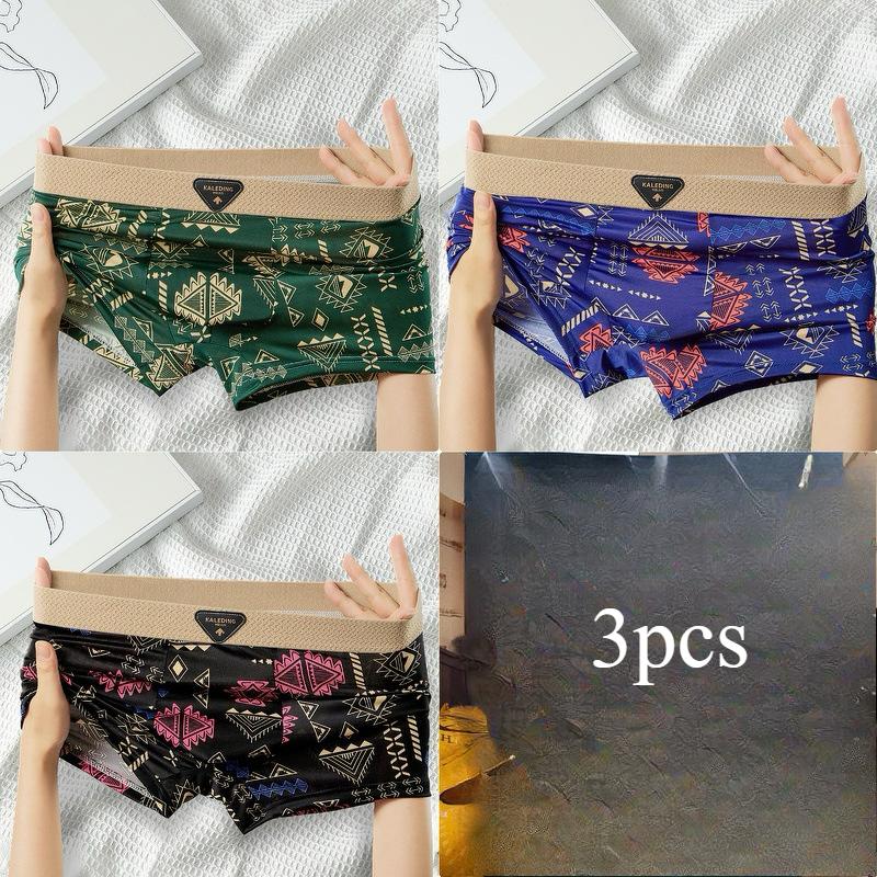 3pcs American Men's Underwear Retro Men's Underwear Ice Silk Breathable Flat Corner Pants Printed Four Corner Pants Boxer Brief