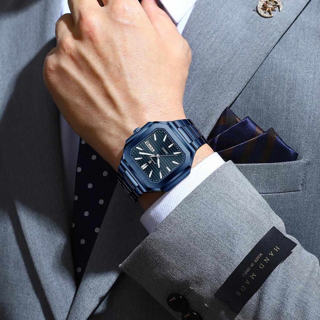 Top Luxury Brand Male Watch Waterproof Luminous Date Week Quartz Men's Watches Stainless Steel Fashion Square Men Watch