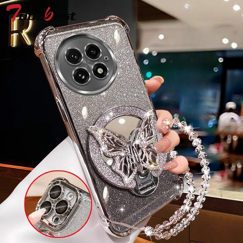 Glitter Butterfly Mirror Crystal Bracelet Case For Oneplus 13 13T 15 12 11 11R ACE 5 3 2 Pro Shockproof Plating Cover