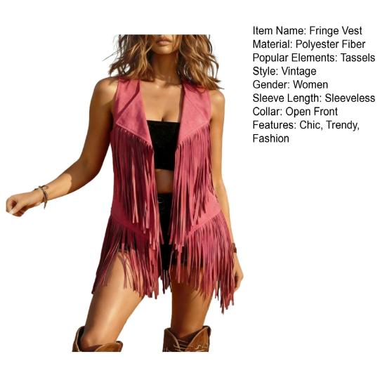 Fringe Vest for Women Sleeveless Faux Suede Tassel Jacket Open Front Western Cowgirl Cardigan Outerwear