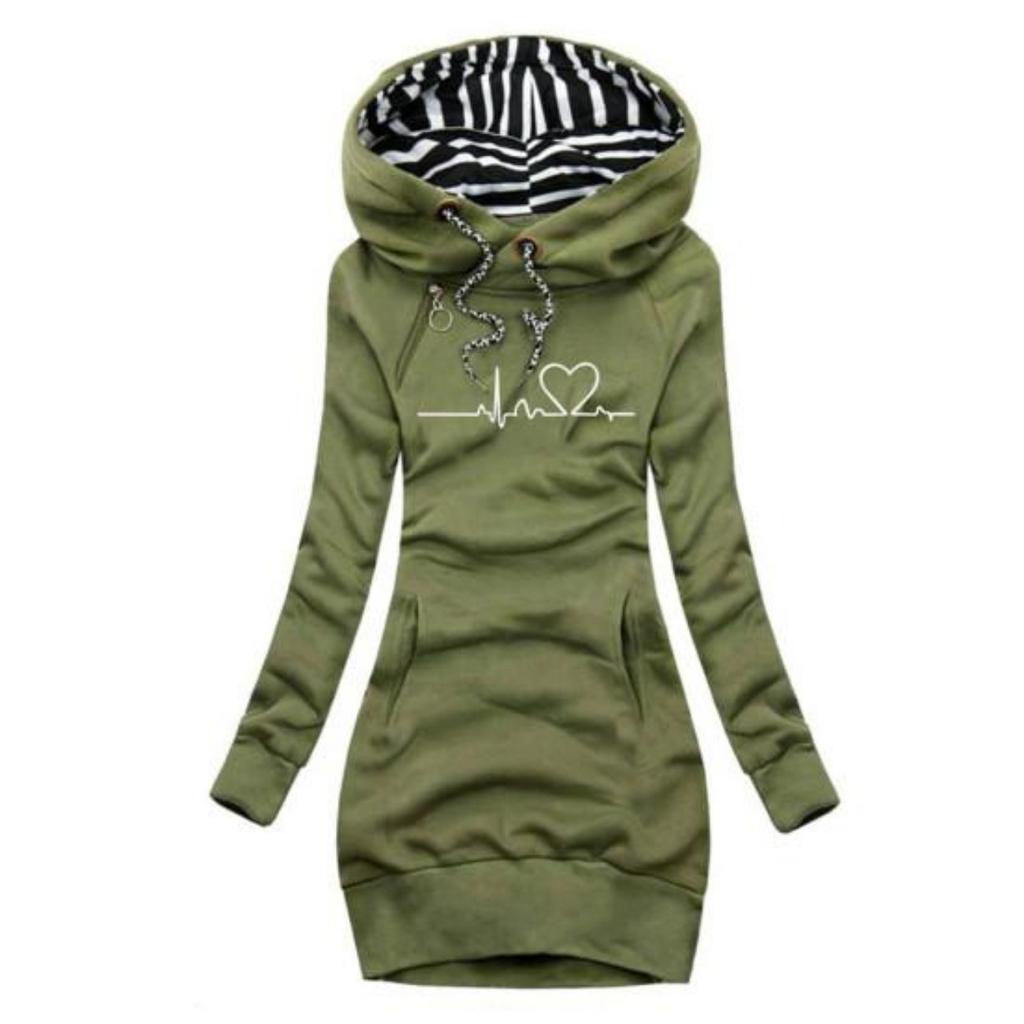 Tasca frontale con coulisse Maniche lunghe Pullover di media lunghezza Felpa con cappuccio Donna Autunno Inverno Battito cardiaco Stampa Felpa con cappuccio slim fit Capispalla