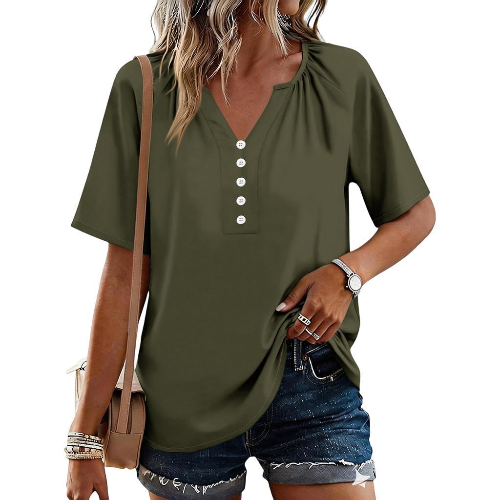 Women's Fashionable Casual Button V-neck Short-sleeved Top