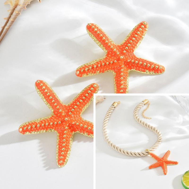 Boho Colorful Metal Oil Drop Big Starfish Pendant Rope Chains Necklace For Women Summer  Jewelry Set Gifts