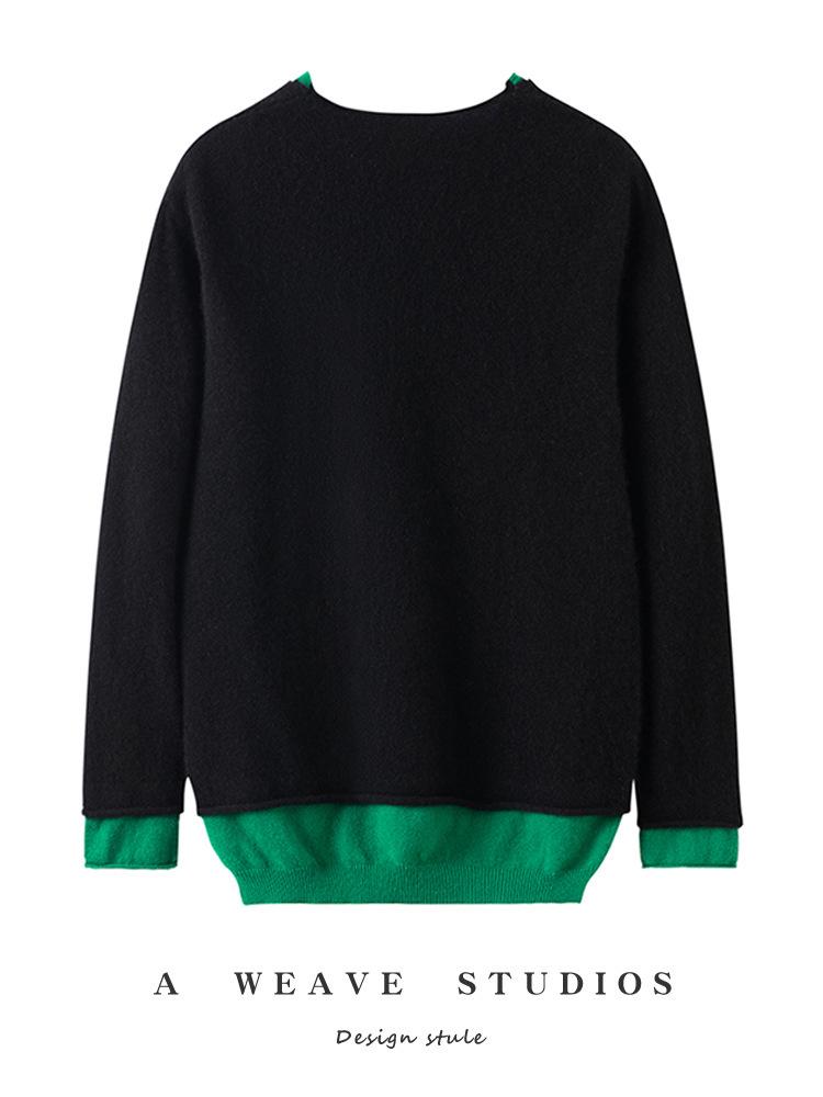 Korean Style V-Neck Color Block Cashmere Knit Women's Base Layer - Loose Fit & Slimming for Autumn/Winter