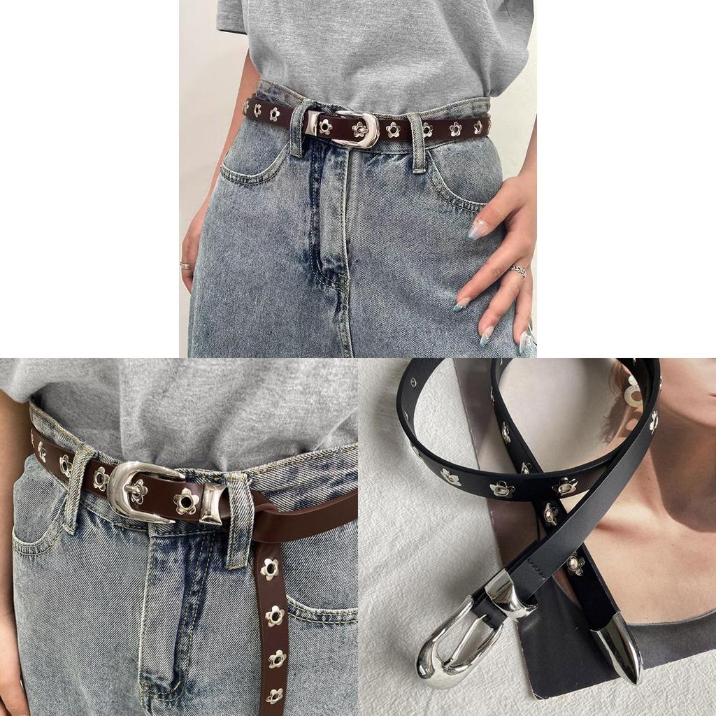 Women Skinny Pu Leather Belt Fashion Floral Decor For Office Wear