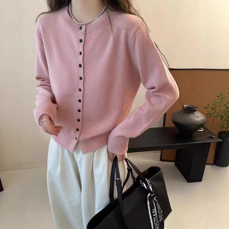 Simple Temperament Round Neck Single-breasted Knitted Cardigan Women's Soft Waxy Skin-friendly Long-sleeved Versatile Knitted Cardigan