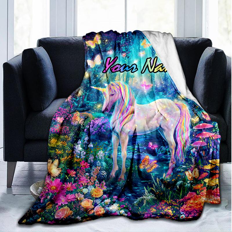 1PC Custom Name Unicorn Fantasy Garden outdooor Flannel blankets Patterns Throw Blanket All-Season Soft Gift for Couch, Bed, Camping gifts