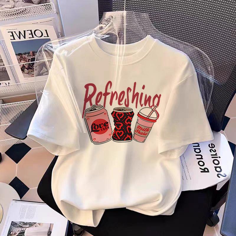 European Black Cotton Short-sleeved T-shirt Women's New Summer Loose Cartoon Printed Front Shoulder T-shirt Top