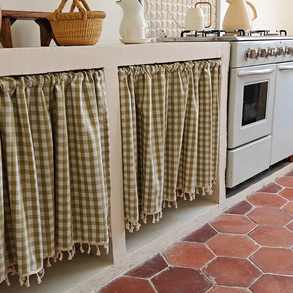 Fresh pastoral small lattice half curtain fabric floating curtain cabinet curtain coffee curtain door curtain partition curtain
