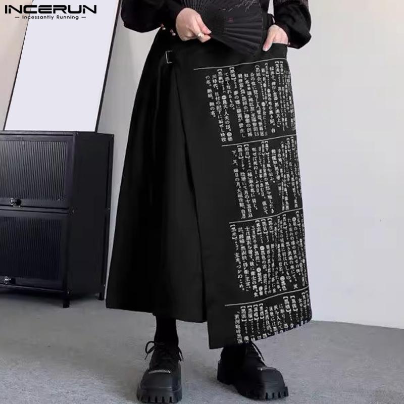 INCERUN Men Print Gothic Pleated Apron Style Irregular Layers Skirt Pants