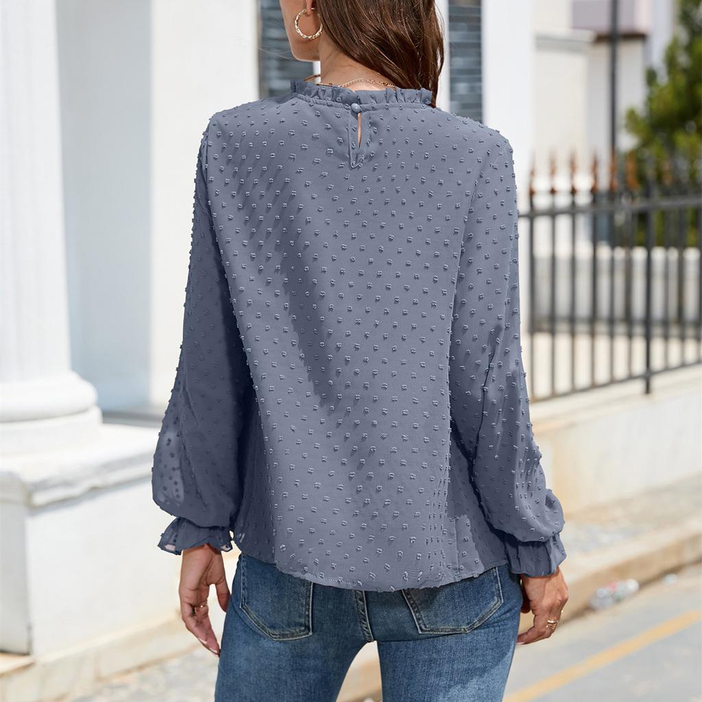 HNXC Women's Fashion Casual Summer Solid Color Print Long Sleeve O-Neck Blouses & Shirts